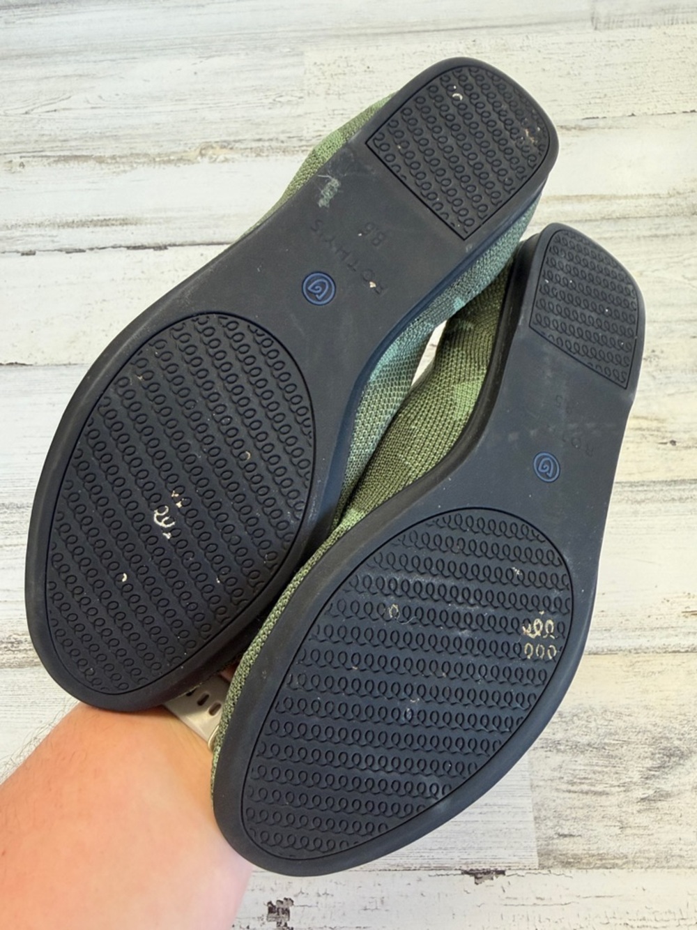 Rothy's Olive Green Camo Knit Flats with Blue Trim - Picture 3 of 3